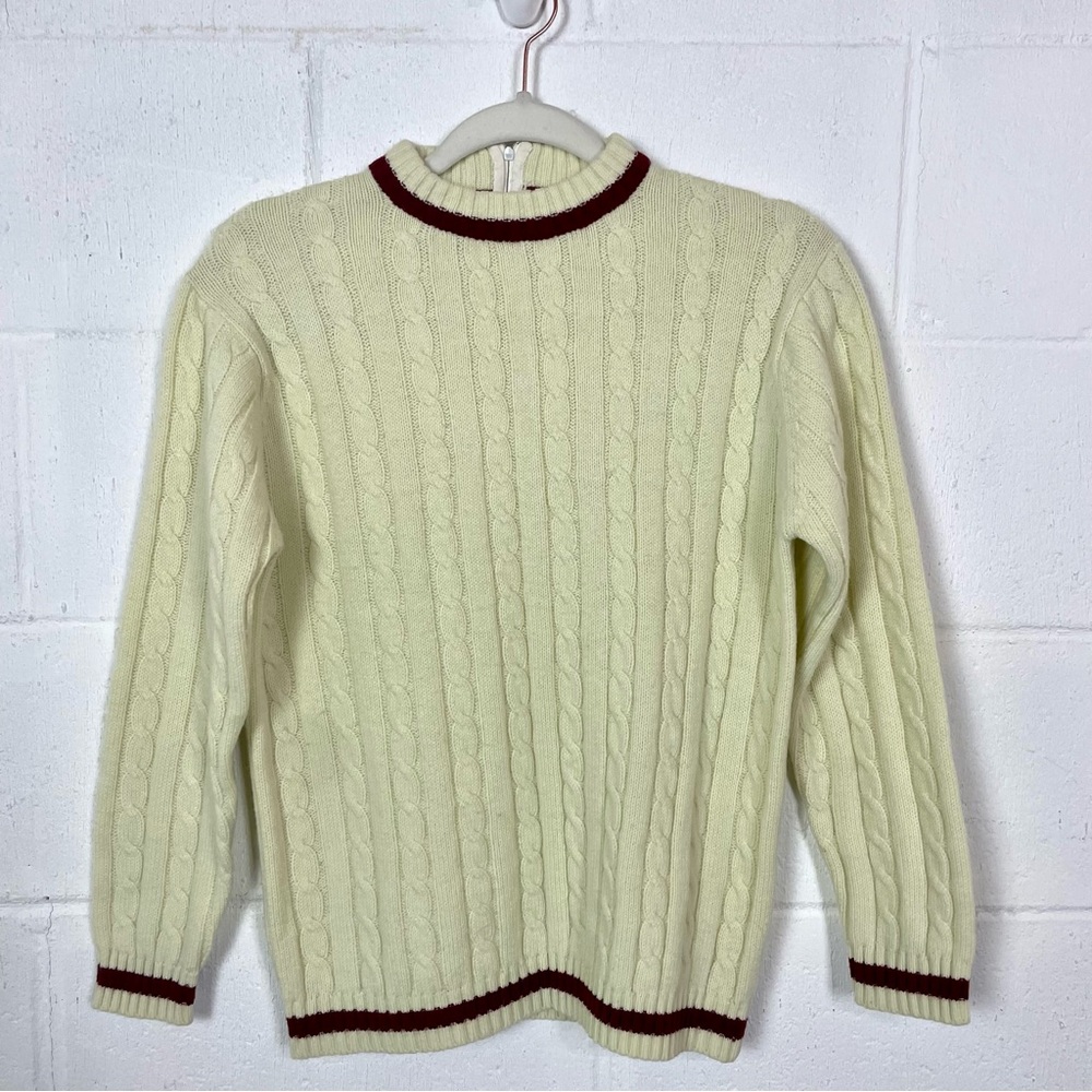 Vintage Cable Knit Varsity Sweater Butter Yellow Maroon University‎ Academia S/M